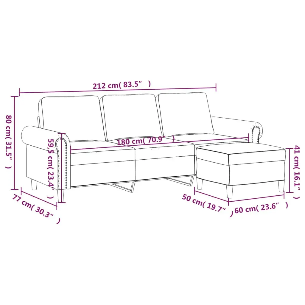 Grey Velvet 3-Seater Lounge Sofa with Footstool 180cm