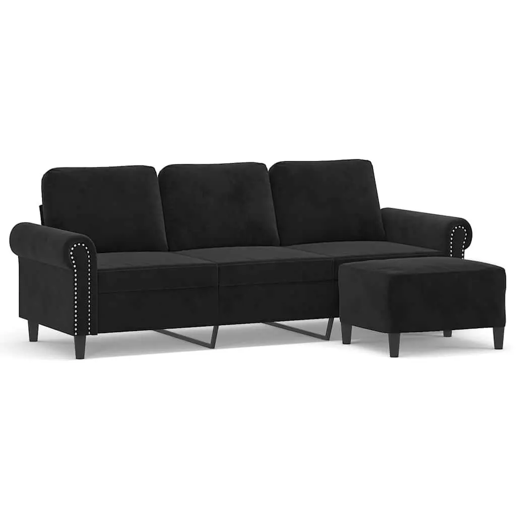 3-Seater Sofa with Footstool Black Velvet 180cm