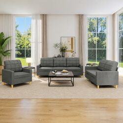 3 Piece Sofa Set Grey Fabric Living Room Furniture Seating with Cushions Modern