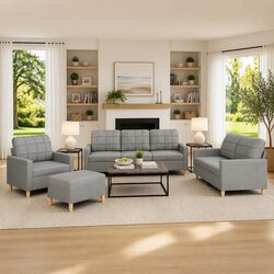 4 Piece Sofa Set with Cushions Grey Fabric Lounge Suite Footstool Living Room