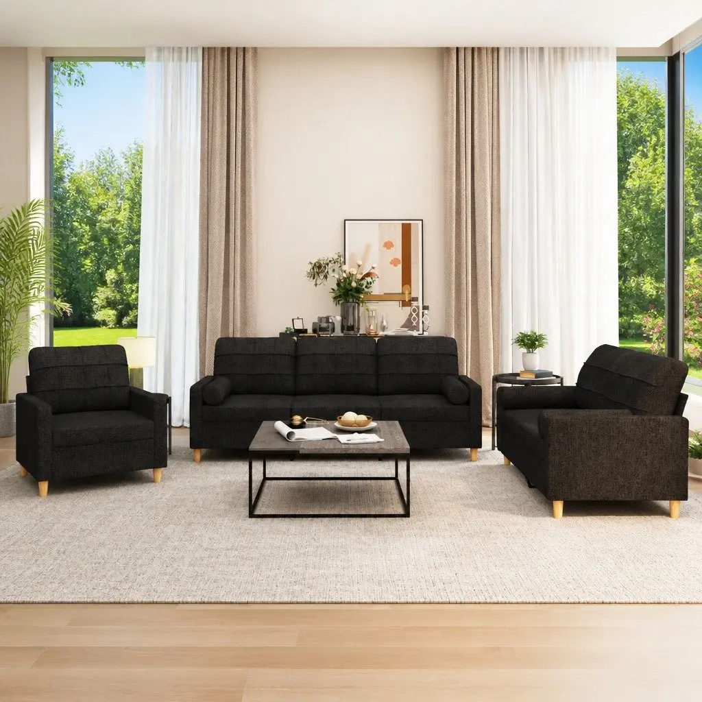 Black Fabric Sectional Sofa Set 3 Piece with Pillows and Armrests