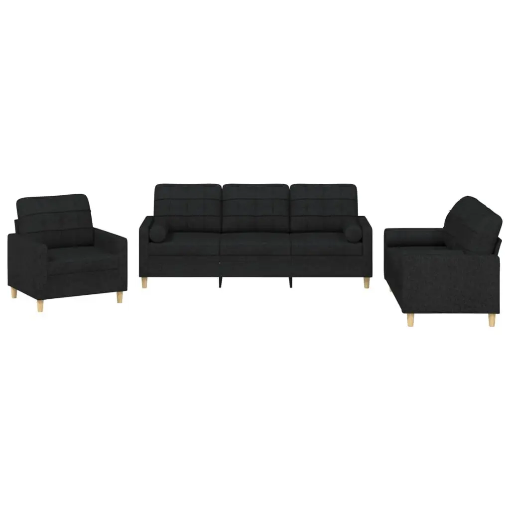 Black Fabric Sectional Sofa Set 3 Piece with Pillows and Armrests