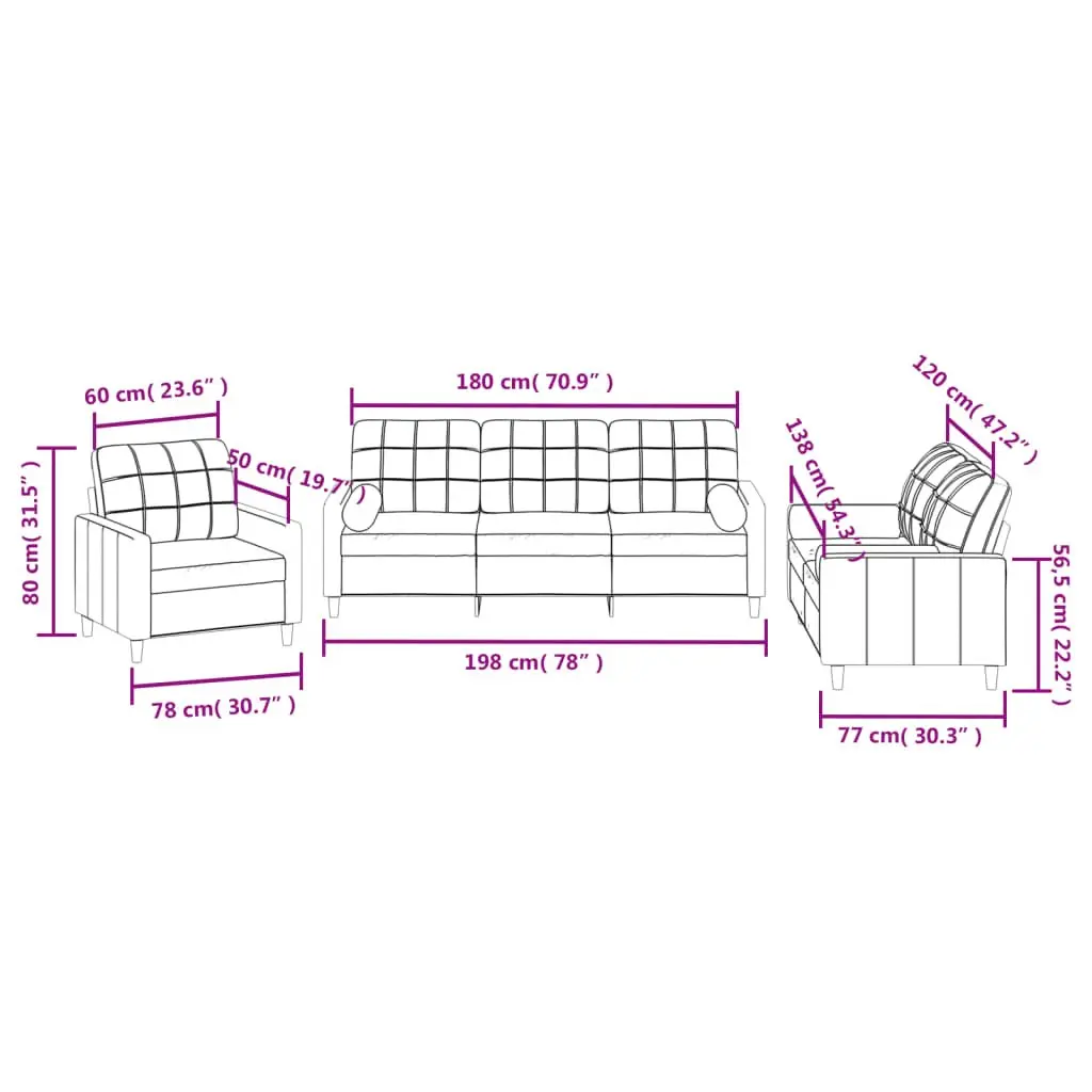 Black Fabric Sectional Sofa Set 3 Piece with Pillows and Armrests