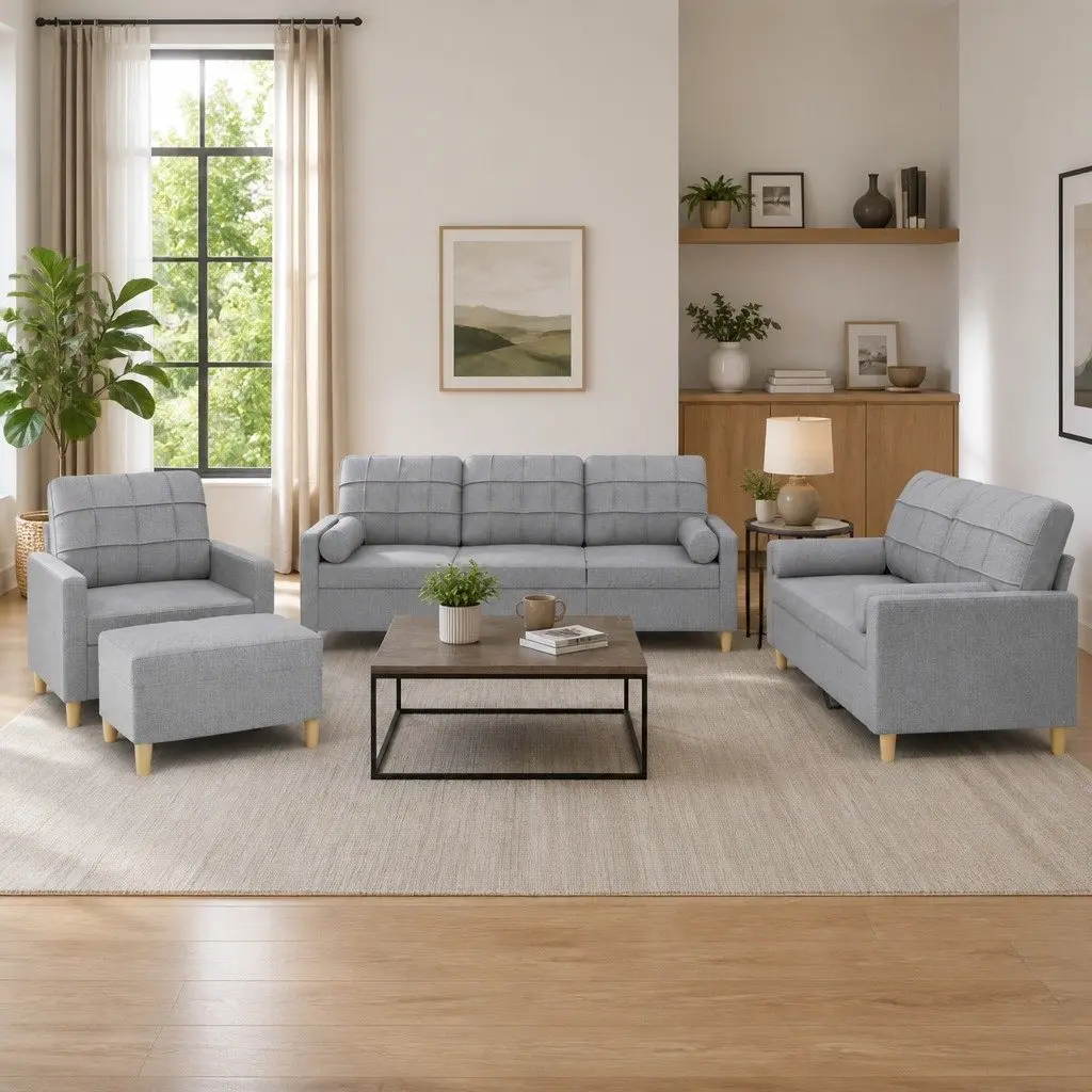 Grey Fabric Lounge Suite 4 Piece Set with Ottoman Footstool and Pillows
