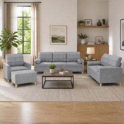 4 Piece Sofa Set Grey Fabric Lounge Suite with Pillows Ottoman Footstool