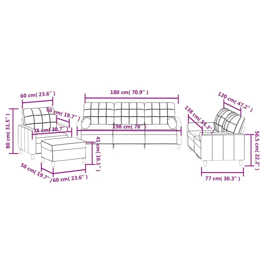 Grey Fabric Lounge Suite 4 Piece Set with Ottoman Footstool and Pillows