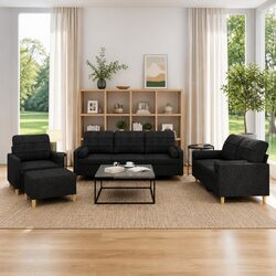 4 Piece Sofa Set Black Fabric Lounge with Pillows Ottoman Footstool Living Room
