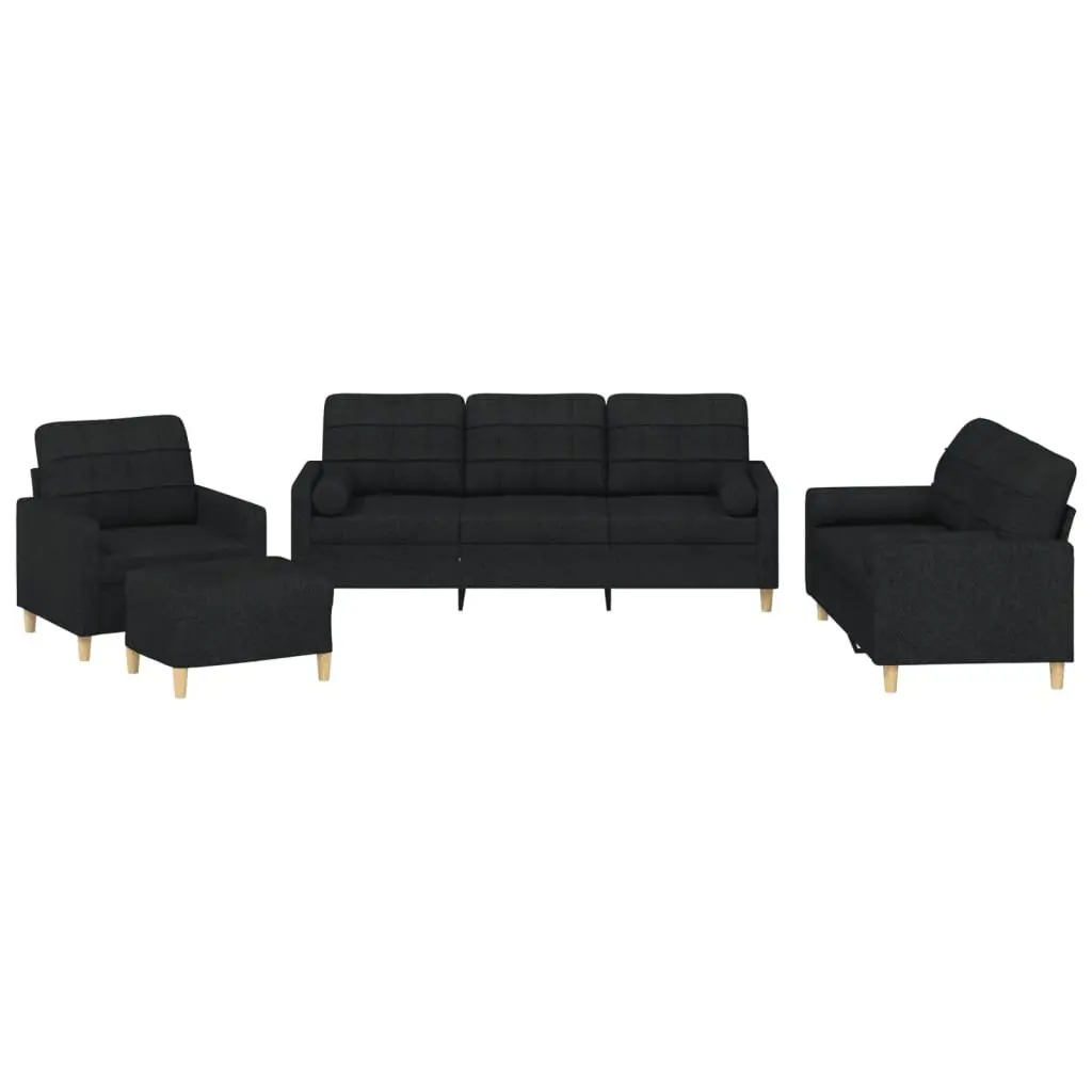 4 Piece Sofa Set Black Fabric Lounge with Pillows Ottoman Footstool Living Room