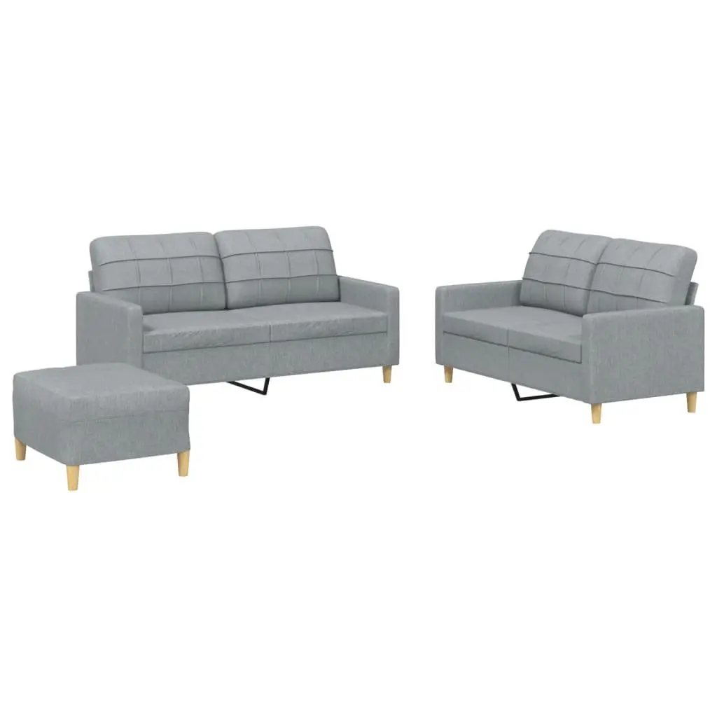 3 Piece Sofa Set with Footstool Grey Fabric Couch Living Room Furniture Cushions