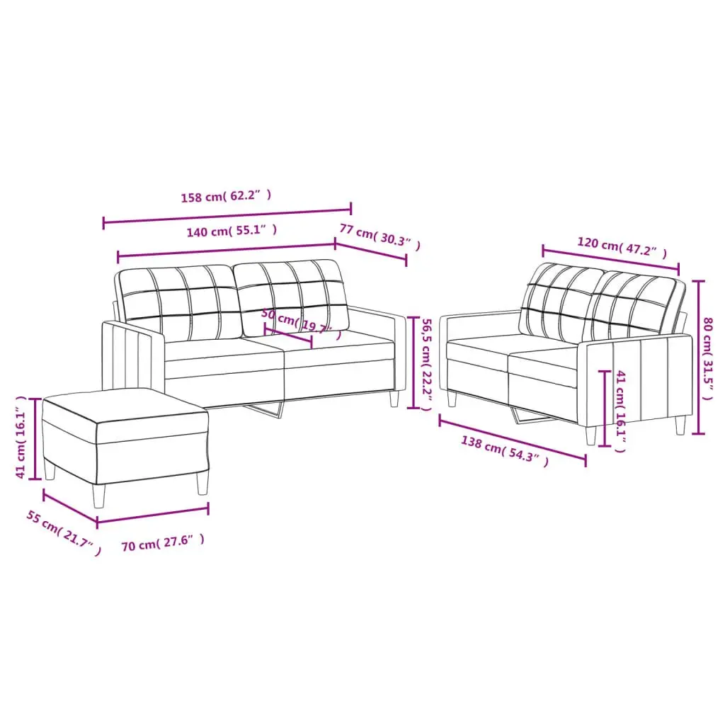 3 Piece Sofa Set with Footstool Grey Fabric Couch Living Room Furniture Cushions