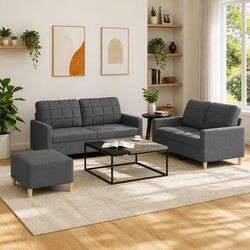3 Piece Sofa Set with Footstool Grey Fabric Lounge Suite Living Room Furniture