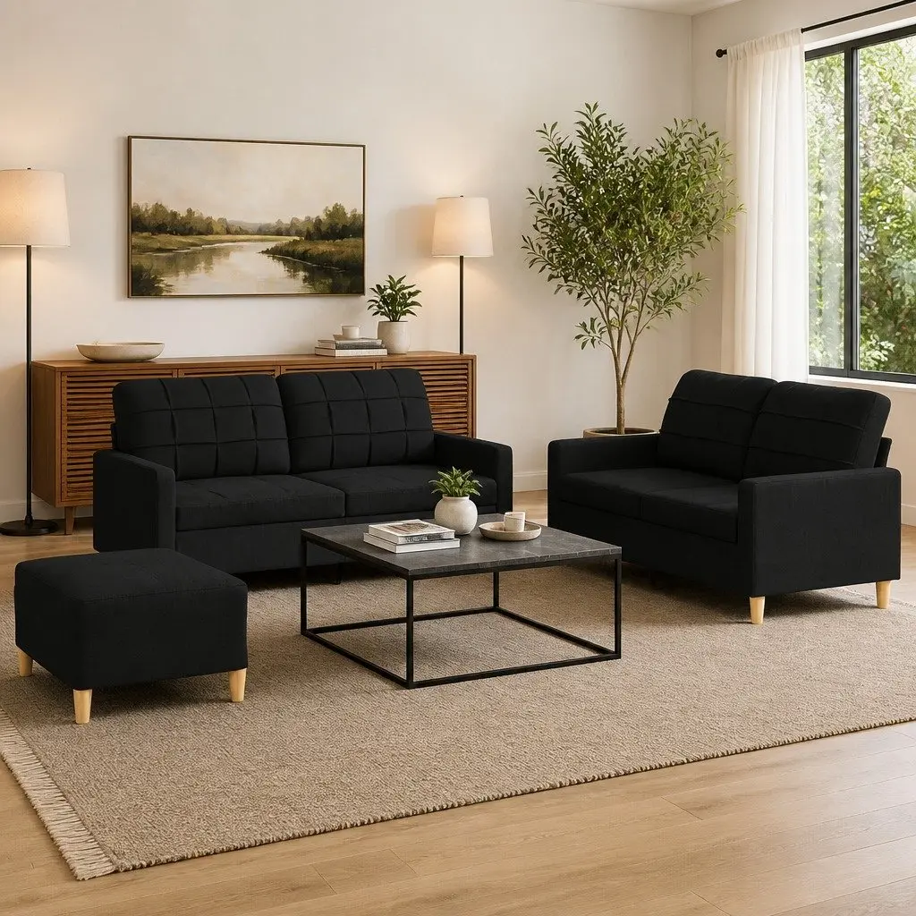 3 Piece Sofa Set Black Fabric Compact Living Room Lounge Suite