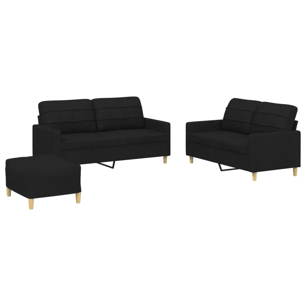 3 Piece Sofa Set Black Fabric Compact Living Room Lounge Suite