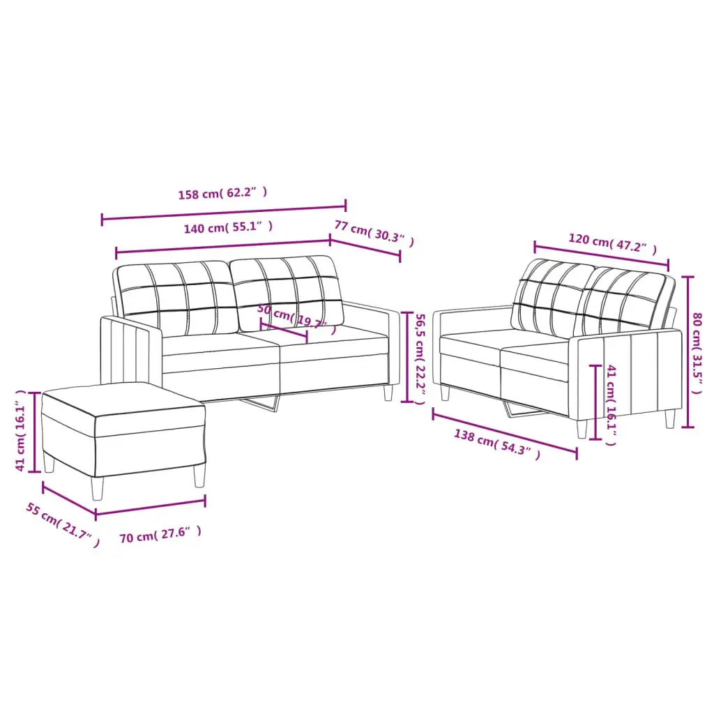 3 Piece Sofa Set Black Fabric Compact Living Room Lounge Suite