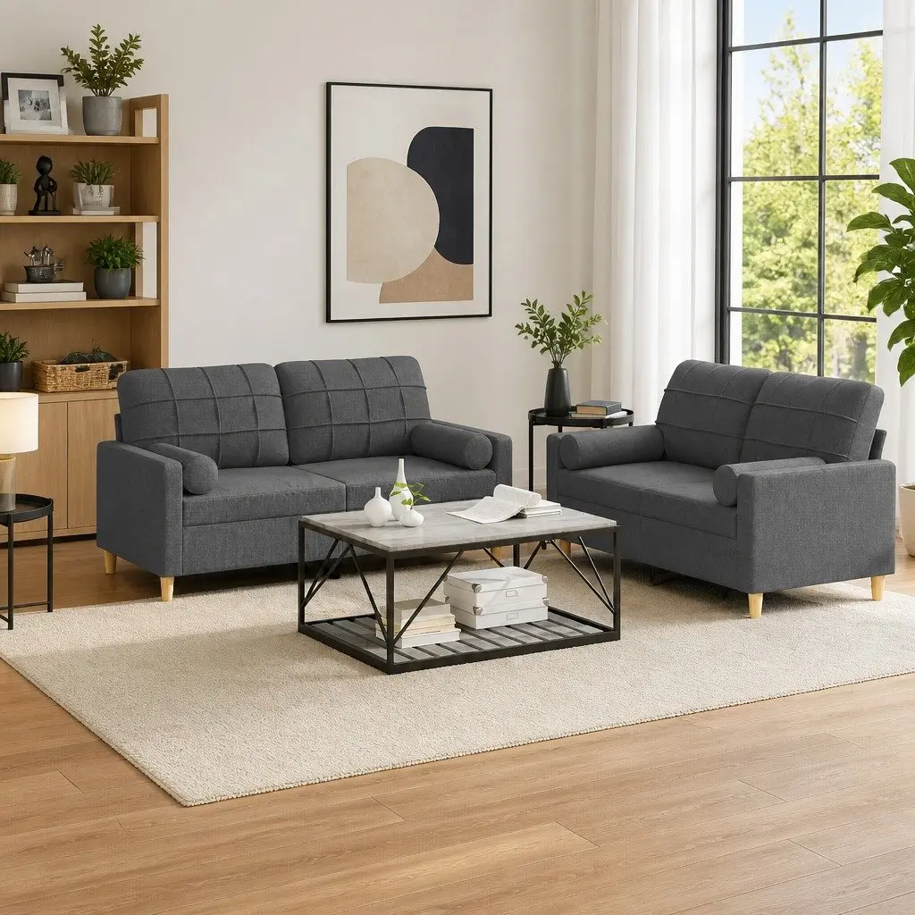 2 Piece Sofa Set Grey Fabric Couch Living Room Furniture with Pillows