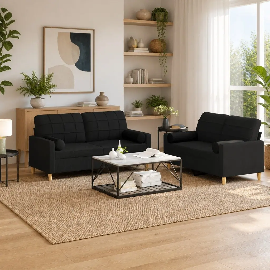 Sofa Set Black Fabric Couch 2 Piece Lounge Seating with Throw Pillows