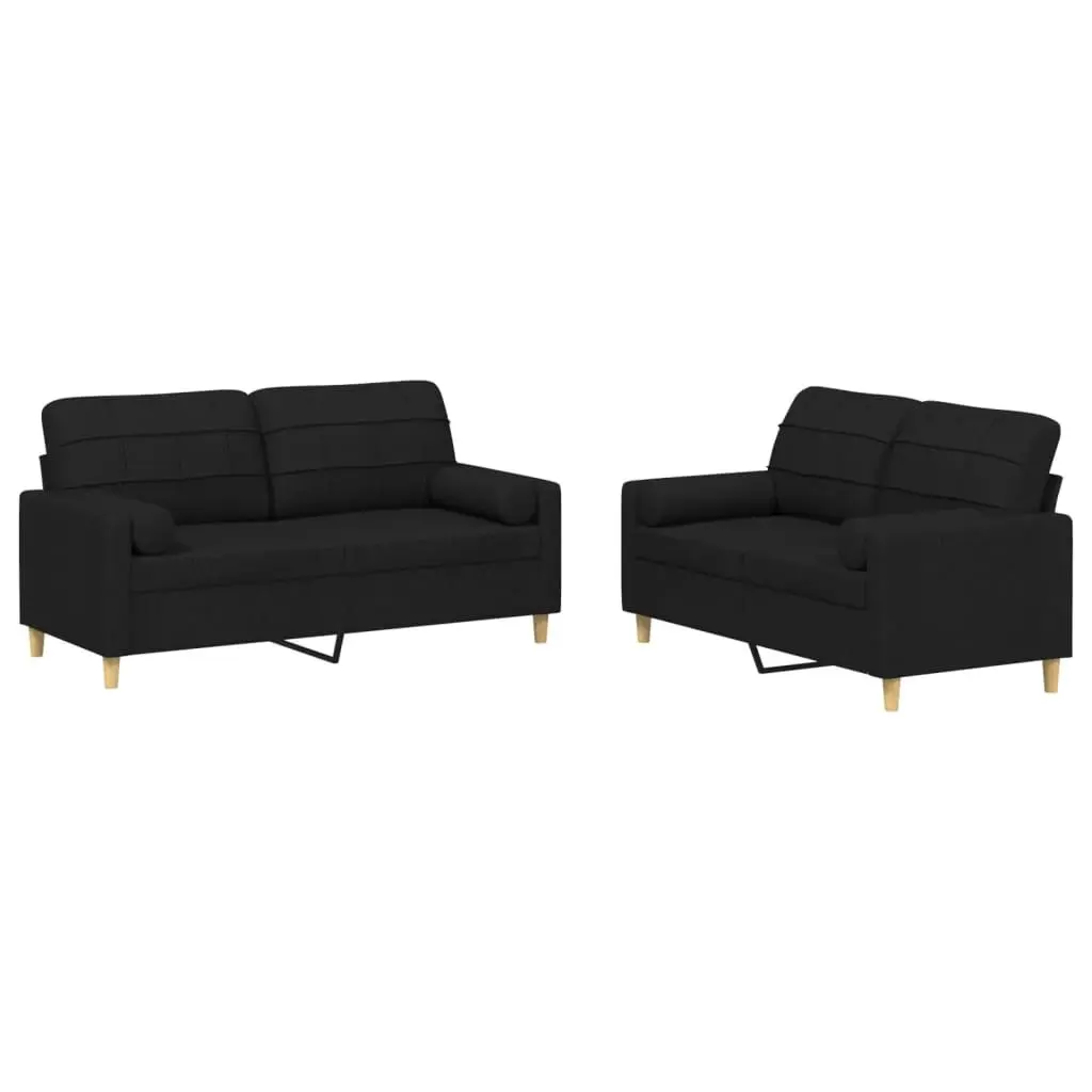 Sofa Set Black Fabric Couch 2 Piece Lounge Seating with Throw Pillows