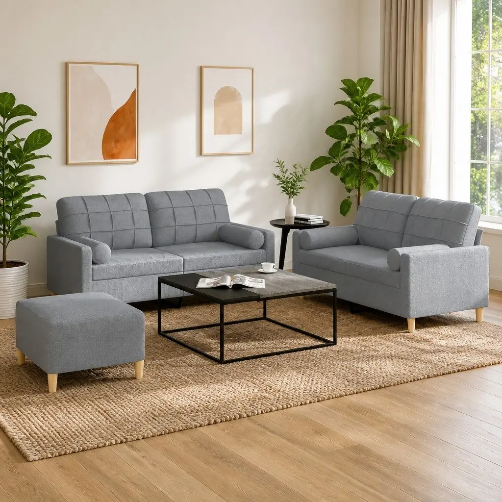 3 Piece Sofa Set Grey Fabric with Footstool and Pillows