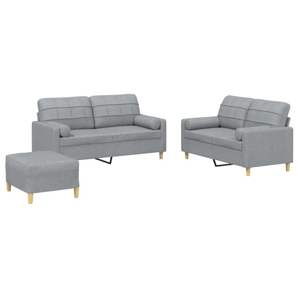 3 Piece Sofa Set Grey Fabric with Footstool and Pillows