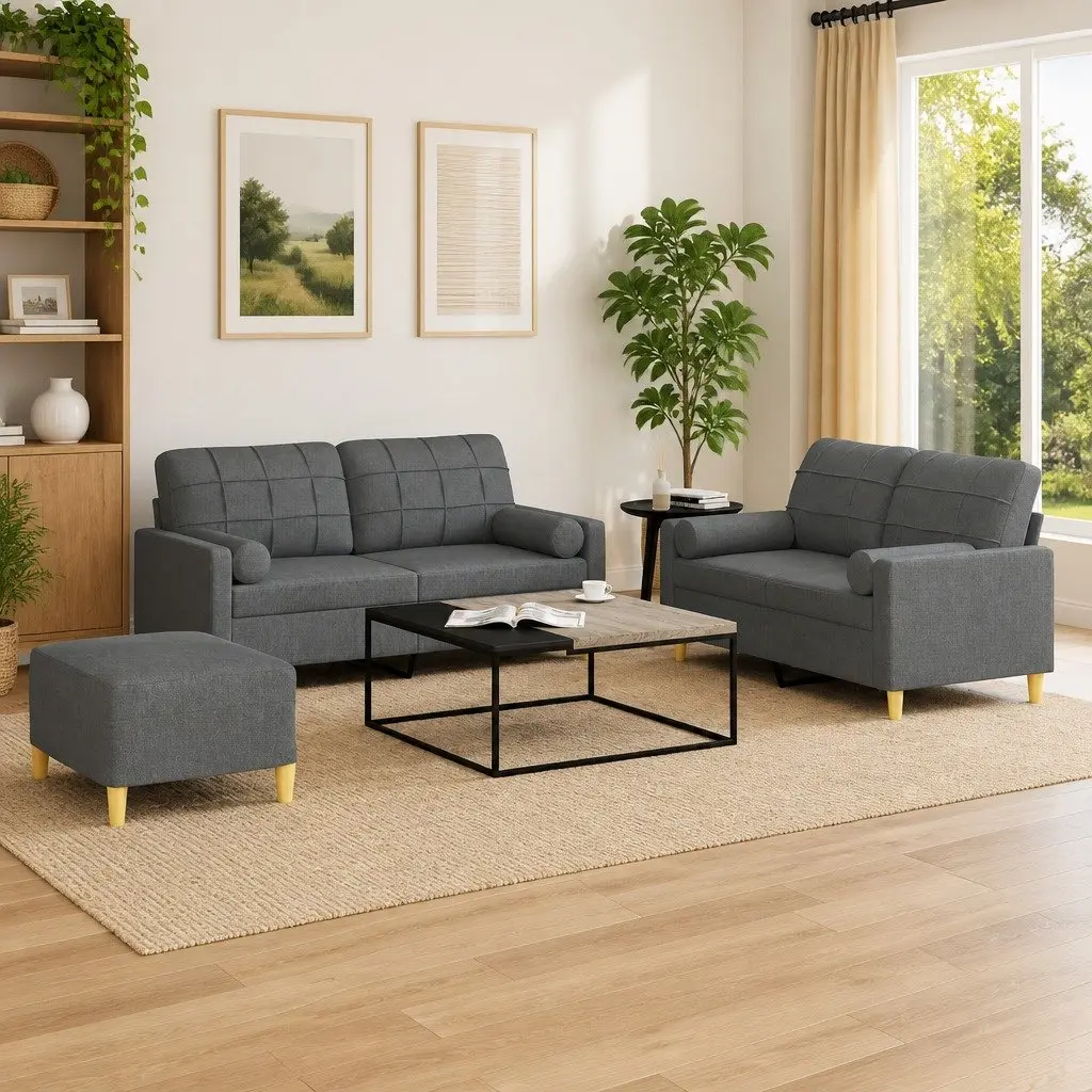 3 Piece Sofa Set Grey Fabric Couch with Pillows and Footstool Compact Living Room Seating