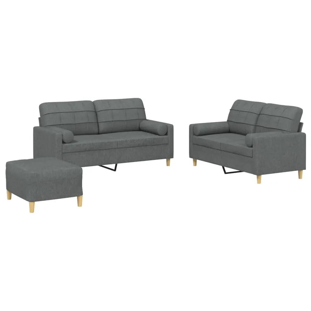 3 Piece Sofa Set Grey Fabric Couch with Pillows and Footstool Compact Living Room Seating