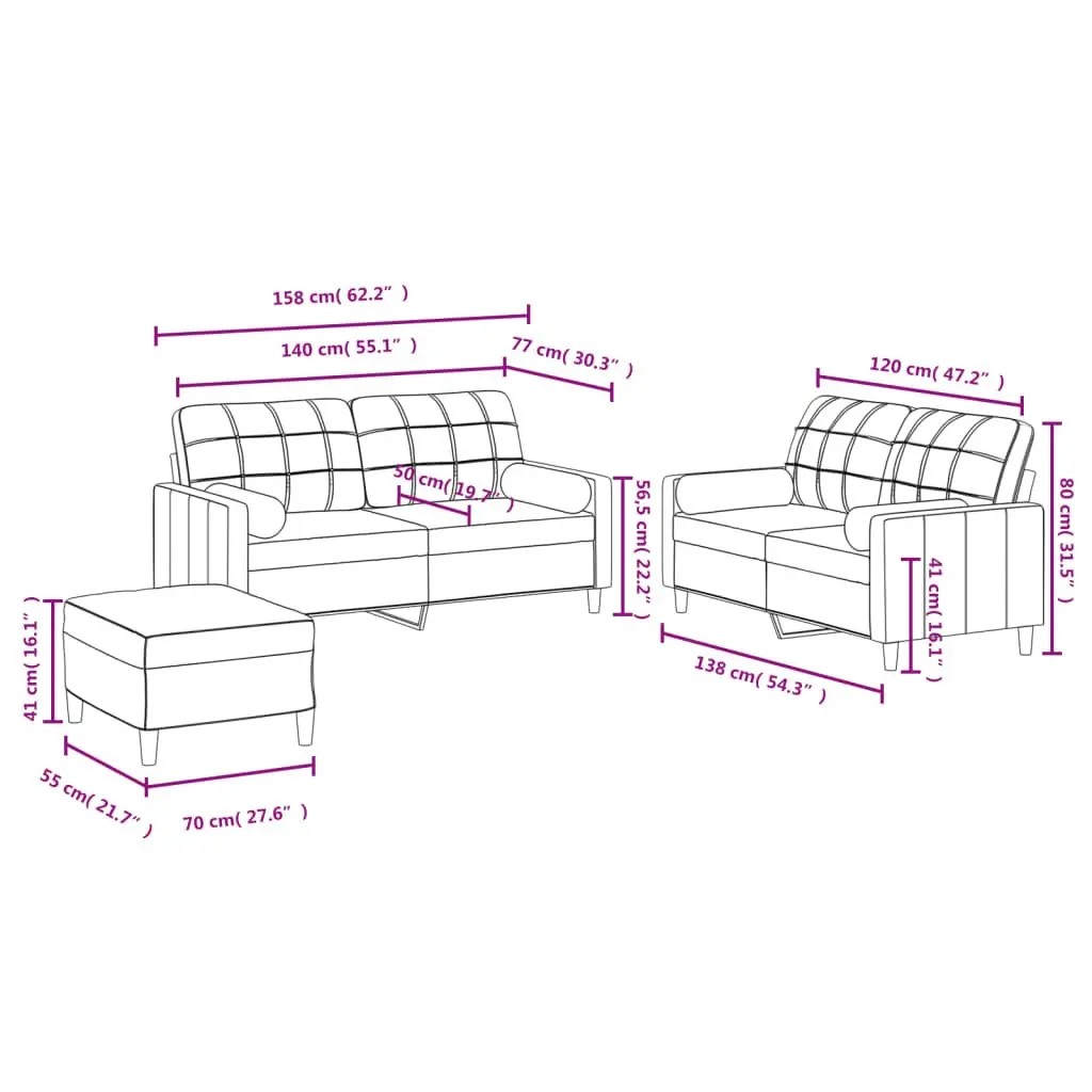 3 Piece Sofa Set Grey Fabric Couch with Pillows and Footstool Compact Living Room Seating