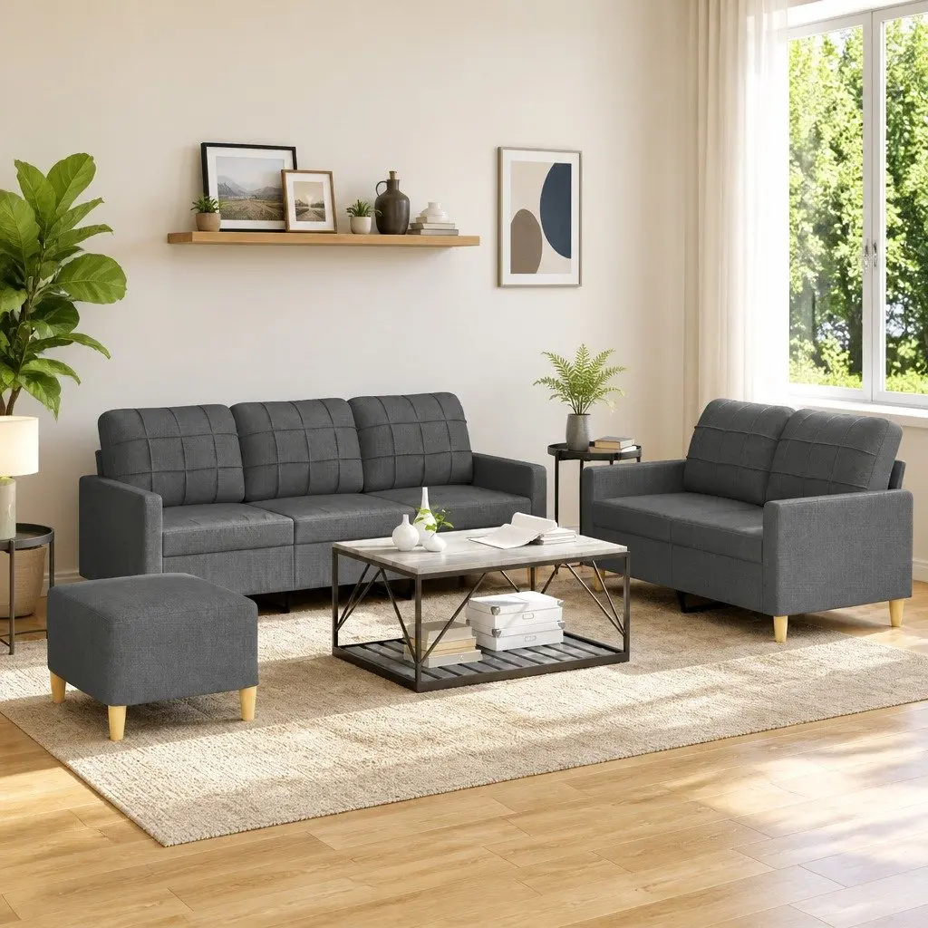 3 Piece Sofa Set Grey Fabric Living Room Lounge Seating