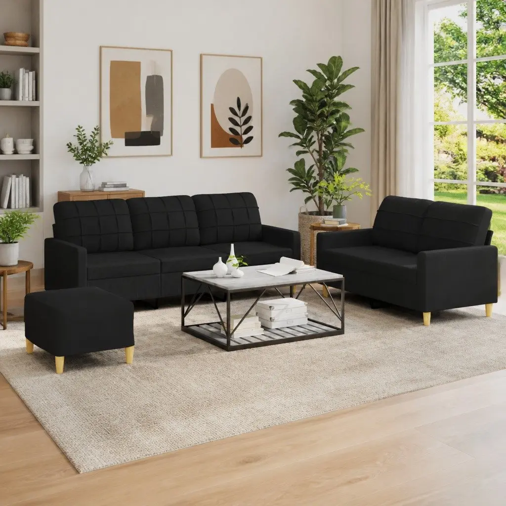3 Piece Lounge Suite Sofa Set Black Fabric with Cushions and Footstool