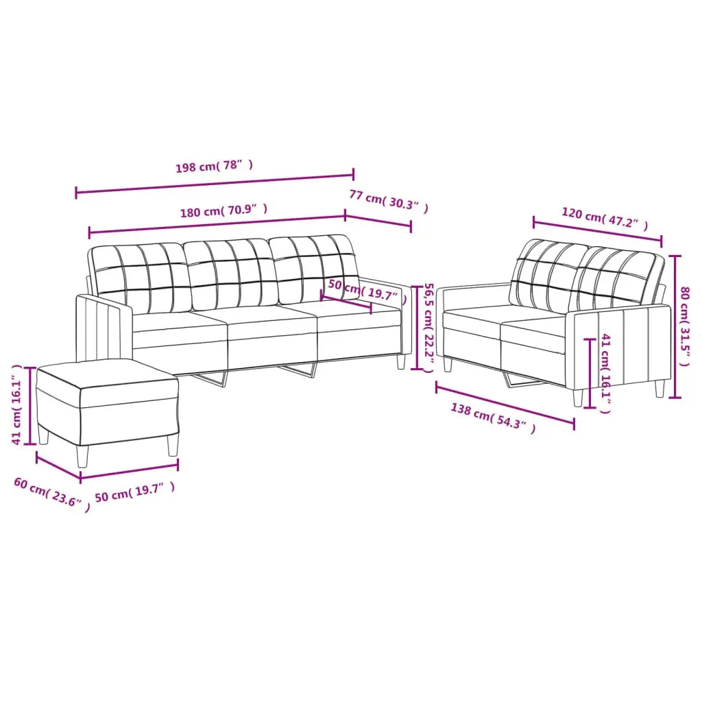 3 Piece Lounge Suite Sofa Set Black Fabric with Cushions and Footstool