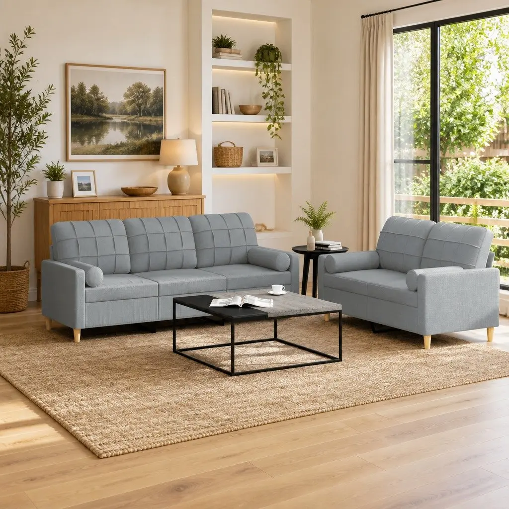 Grey Fabric Sofa Set 2 Piece Couch Lounge Suite with Pillows