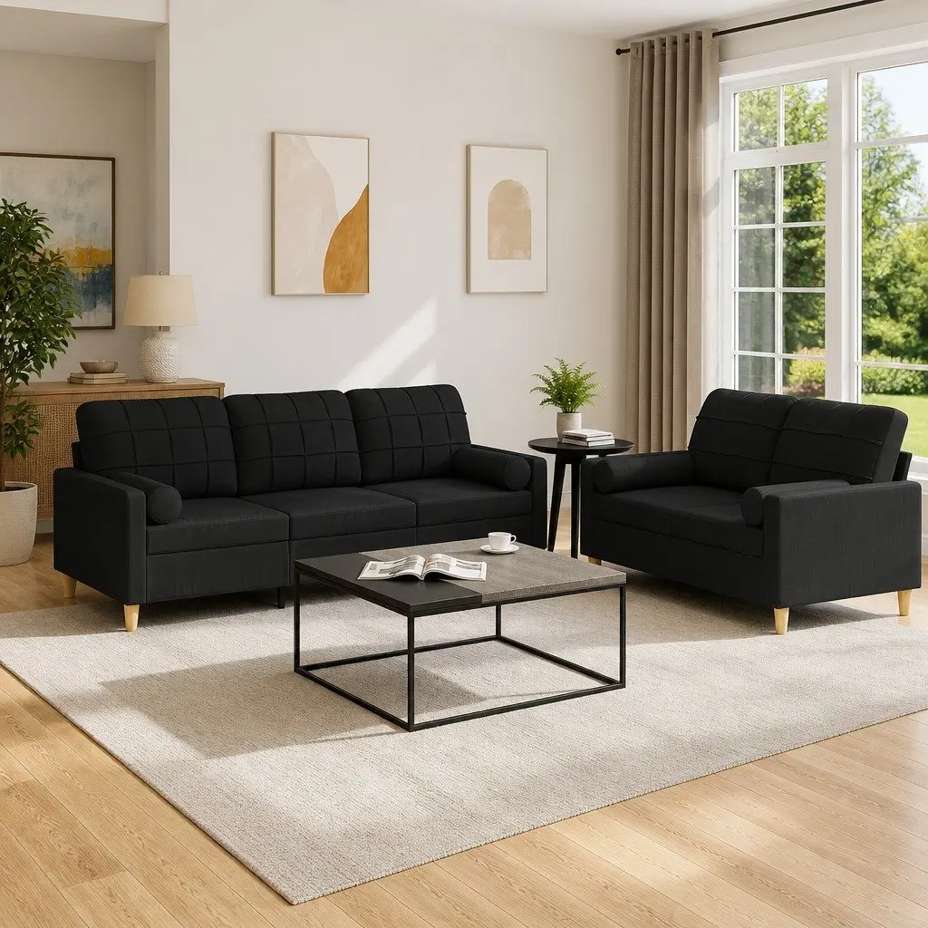 Black Fabric Sofa Set 2 Piece Living Room Couch with Roll Pillows