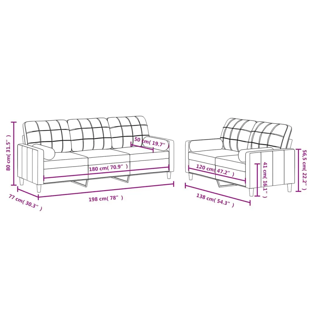 Black Fabric Sofa Set 2 Piece Living Room Couch with Roll Pillows