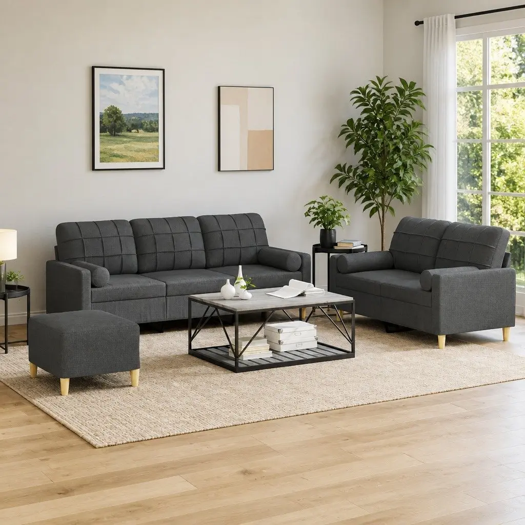 Grey Fabric 3 Piece Lounge Sofa Set with Pillows and Footstool for Living Room