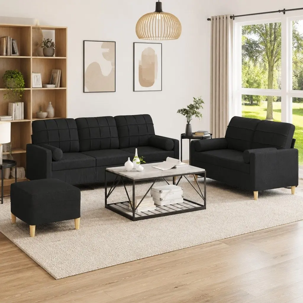 Black Fabric Lounge Suite 3 Piece Sofa Set with Pillows and Footstool