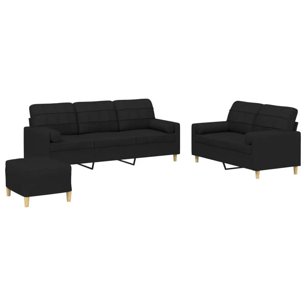 Black Fabric Lounge Suite 3 Piece Sofa Set with Pillows and Footstool