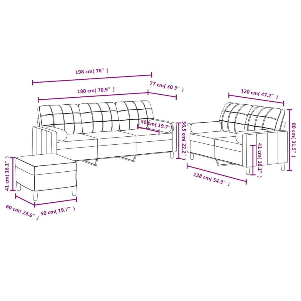 Black Fabric Lounge Suite 3 Piece Sofa Set with Pillows and Footstool