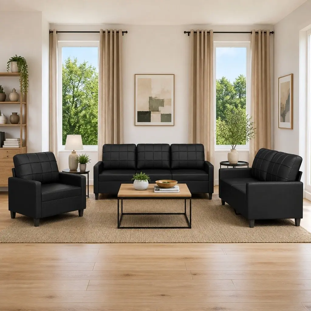 3 Piece Black Faux Leather Sofa Set