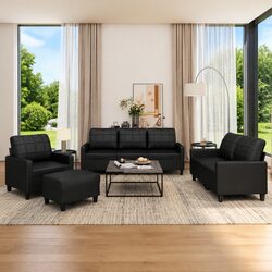 4 Piece Sofa Set with Cushions Black Faux Leather Lounge Seating Footstool