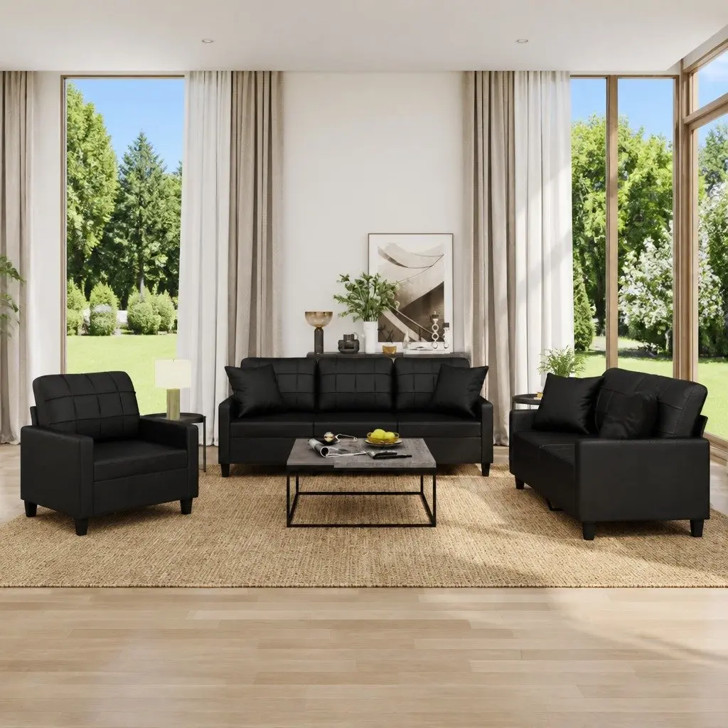 Sofa Set Faux Leather Black 3 Piece Durable Construction