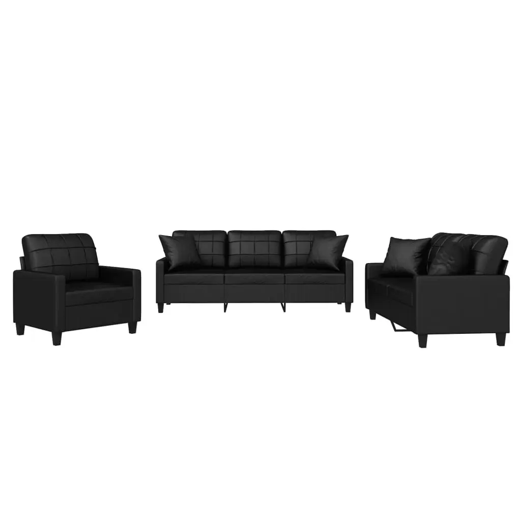 Sofa Set Faux Leather Black 3 Piece Durable Construction