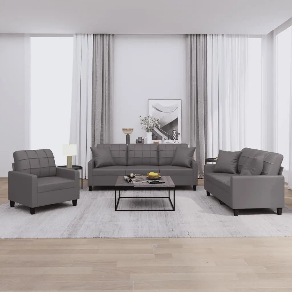 3 Piece Sofa Set in Grey Faux Leather