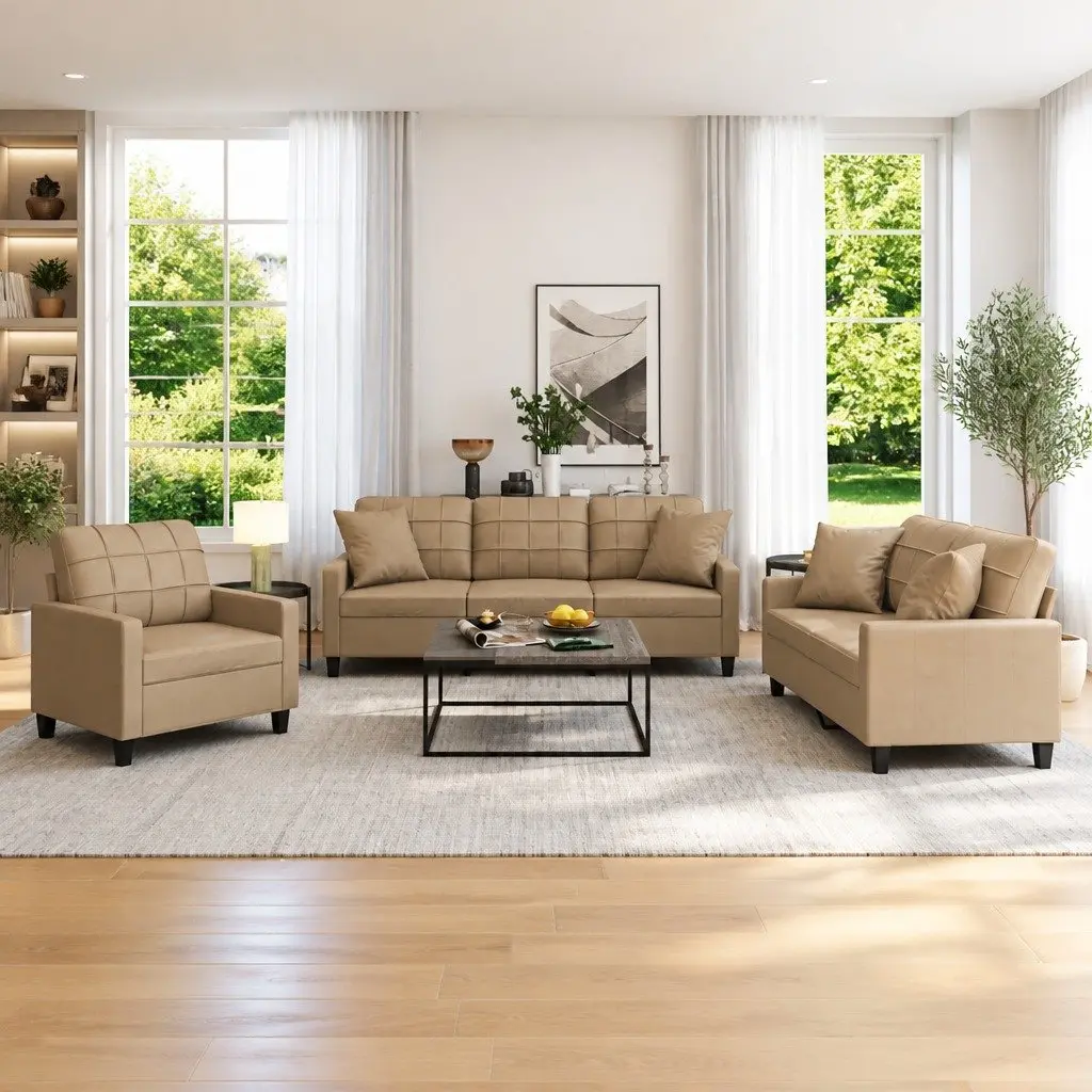 3 Piece Sofa Set Brown Faux Leather Couch with Throw Pillows