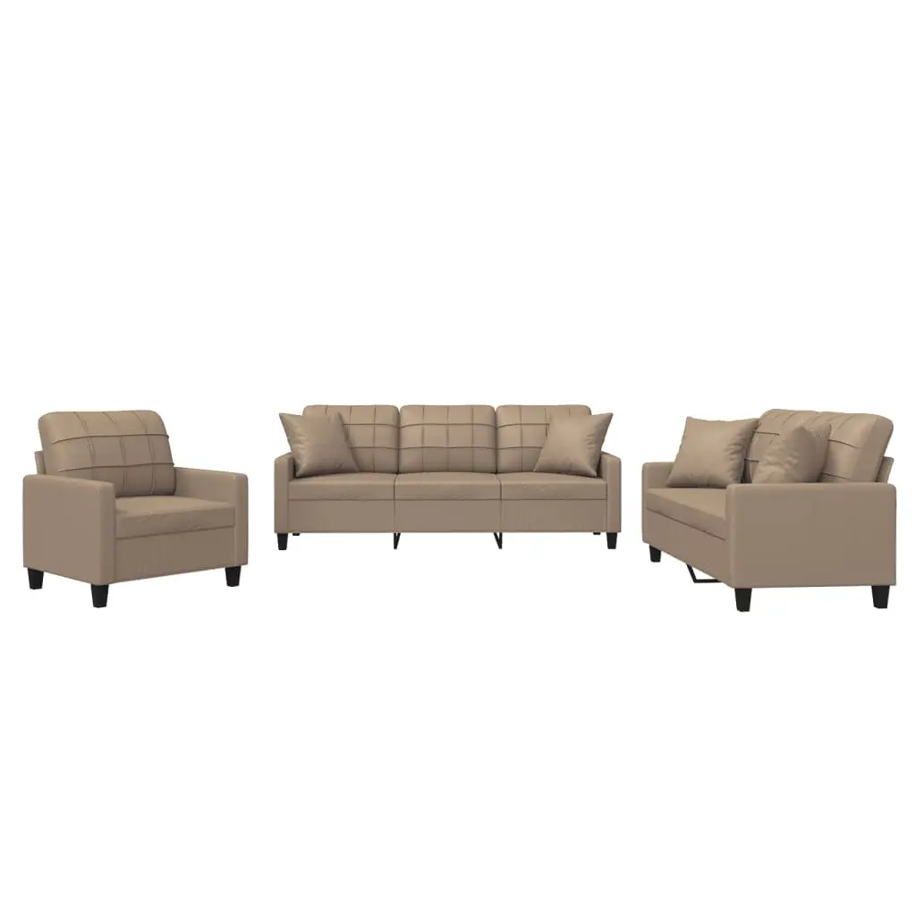 3 Piece Sofa Set Brown Faux Leather Couch with Throw Pillows