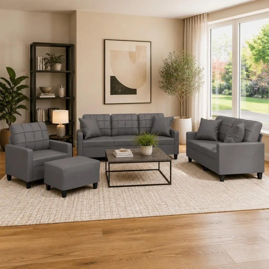 4 Piece Sofa Set Grey Faux Leather Couch with Throw Pillows and Footstool