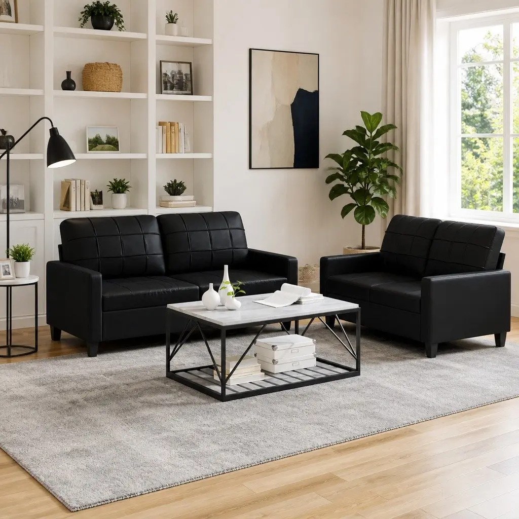 2 Piece Sofa Set with Cushions Black Faux Leather Living Room Seating Furniture