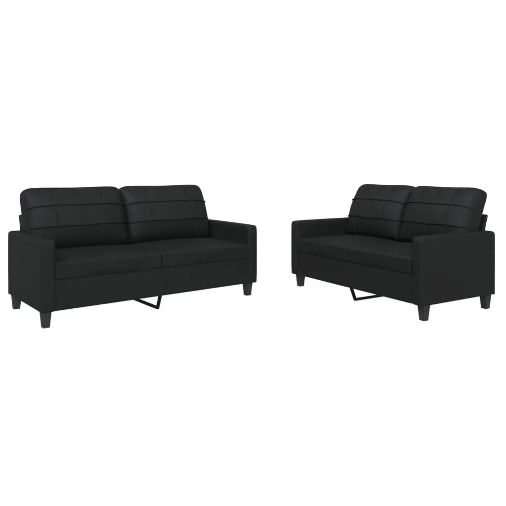 2 Piece Sofa Set with Cushions Black Faux Leather Living Room Seating Furniture