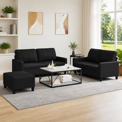 3 Piece Sofa Set with Footstool Cushions Black Faux Leather Living Room