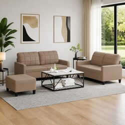 Your Cozy 3 Piece Sofa Set with Footstool in Brown Faux Leather