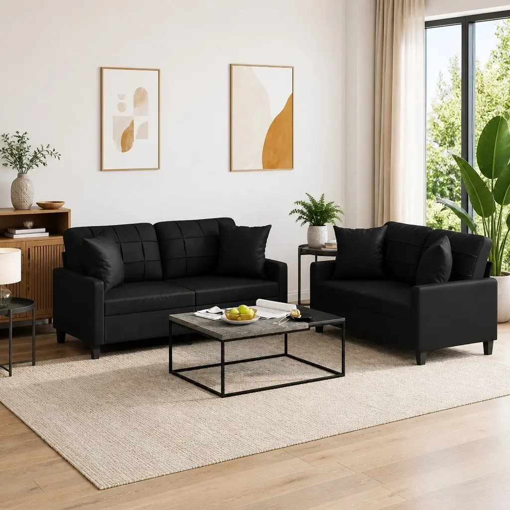 2 Piece Black Sofa Set with Throw Pillows