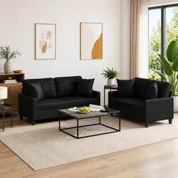 2 Piece Sofa Set Black Faux Leather Lounge Couch with Throw Pillows Living Room
